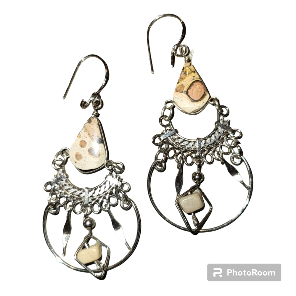 Peruvian Alpaca silver and leopard jasper stone Chandelier dangle earrin…